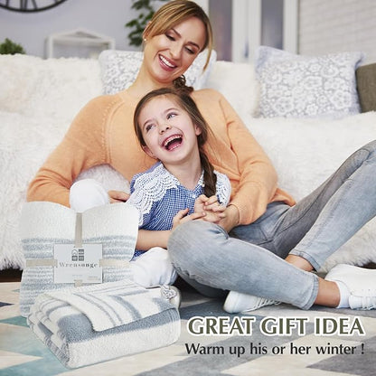 WRENGONGE Grey Blue Throw Blanket, 60x80 Soft Cozy Striped Throw Blankets for Couch, Sofa, Bed, Travel, Lightweight Fluffy Warm Plush Decorative Blankets for Women, Men,Kids Gift