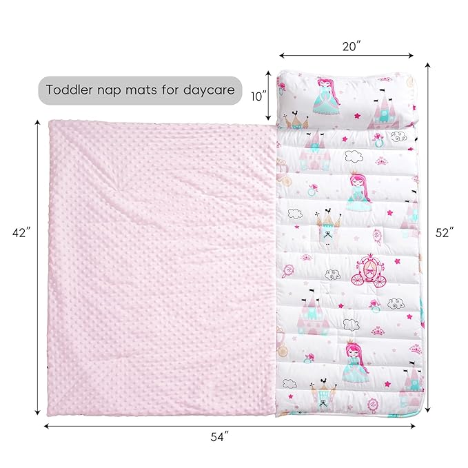 david's kids Toddler Nap Mat with Removable Pillow and Minky Fleece Blanket, Ultra Soft Slumber Bags for Girls, Perfect for Preschool, Daycare, Kids Sleeping Bags with Rollup Design, 50"x20", Princess