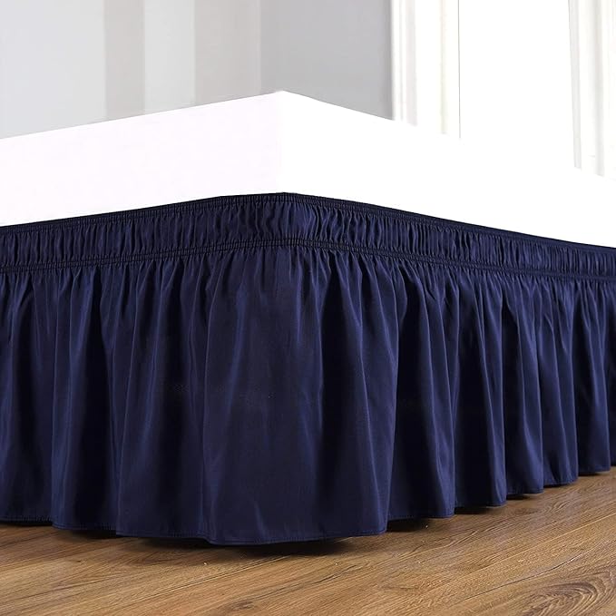 Navy Blue Wrap Around Bed Skirts with 16" Drop - Three Sides Fabric Adjustable Elastic Dust Ruffle Silky Soft -600 TC Stretchy Bed Skirt-Queen(60"X 80") Navy Blue