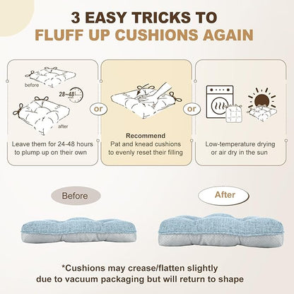 downluxe Indoor Chair Cushions for Dining Chairs, Tufted Overstuffed Textured Foam Kitchen Chair Pads with Ties and Non-Slip Backing, 15.5" x 15.5" x 4", Light Blue, 6 Pack