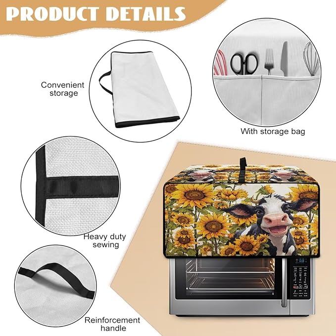 Countertop Convection Oven Cover Dust Protection Air Fryer Toaster Oven Covers with Side Pockets, for Home Kitchen Decor, S, 14.5 x 18.5 x 9 Inches, Cute Cow Sunflower