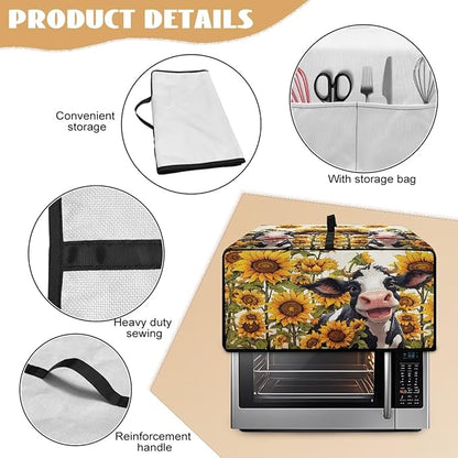 Countertop Convection Oven Cover Dust Protection Air Fryer Toaster Oven Covers with Side Pockets, for Home Kitchen Decor, S, 14.5 x 18.5 x 9 Inches, Cute Cow Sunflower