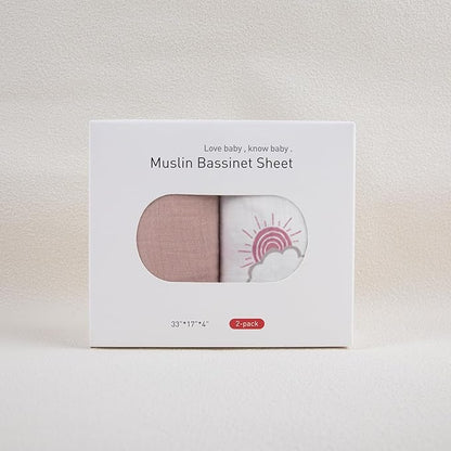 Muslin Bassinet Fitted Sheets, 2 Pack for Baby Boy and Girl, Soft Breathable Baby Pad/Mattress Sheet, Fit for Hourglass Oval and Rectangle Bassinet Mattress (Pink Cloud)