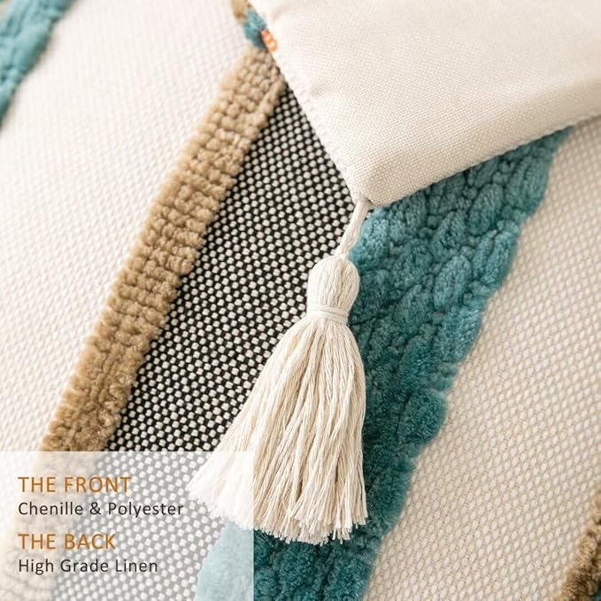 Boho Throw Pillow Covers 18x18 Set of 2 Woven Tufted Farmhouse Pillows Cover with Tassels Textured Striped Cushion Case Neutral Pillow Cases Decorative Pillowcase for Sofa Couch Bed,Blue