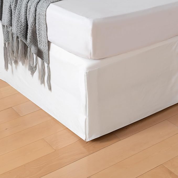 Full Bed Skirt, Grid Plaid Soft Quadruple Pleated Ruffle Bed Skirt, Tailored Dust Ruffle 18 Inch Drop Easy Fit, Machine Washable (White)