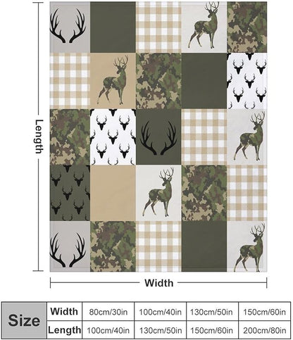 Camouflage Deer Blanket, Vintage Camo Green Beige Plaid Rustic Cabin Wildlife Hunting Blankets for Mens Room Bed Sofa, 40"x50"