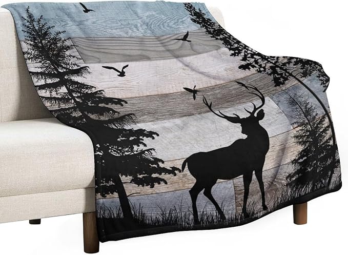 Rustic Deer Throw Blanket, Retro Cabin Farmhouse Country Lodge Blue Brown Wooden Board Wild Forest Animals Deer Bird Print Warm Cozy Blanket for Bed Couch Sofa Travel, 60"x80"