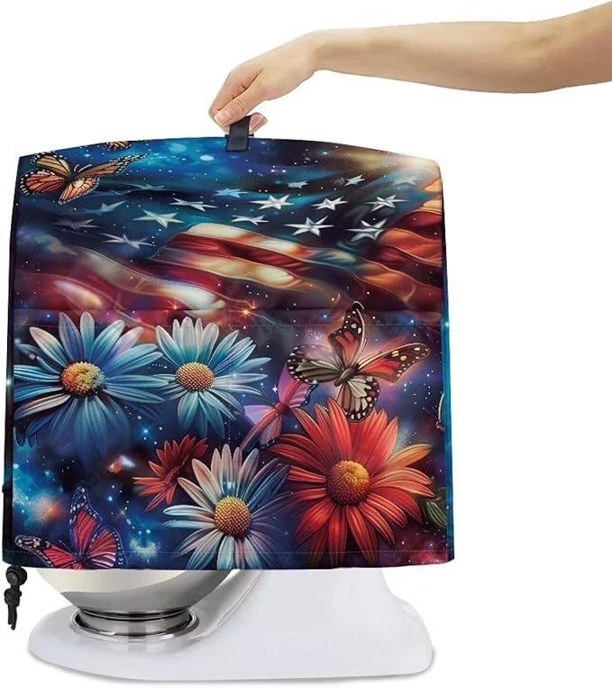 American Flag Daisy Butterfly Mixer Cover Protector, Dust Covers for 6-8 Quart Kitchen Aid Mixer, Polyester, Waterproof, Multicolor, Drawstring Closure