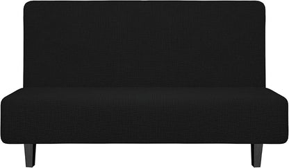 Easy-Going Stretch Futon Slipcover Armless Futon Bed Cover Furniture Protector Without Armrests with Elastic Bottom for Kids, Soft Jacquard Fabric Small Checks (Medium, Black)
