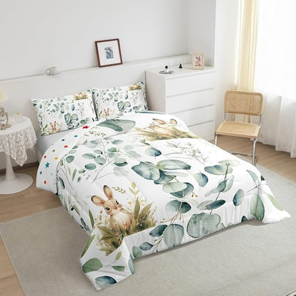 Erosebridal Girls Kawaii Animal Bedding King Size Cute Rabbit Comforter Set King, Cartoon Wildlife Duvet Insert Green Leaf Quilt Set, Spring Plant Bedding Comforters & Sets Child Kids Bedroom Decor
