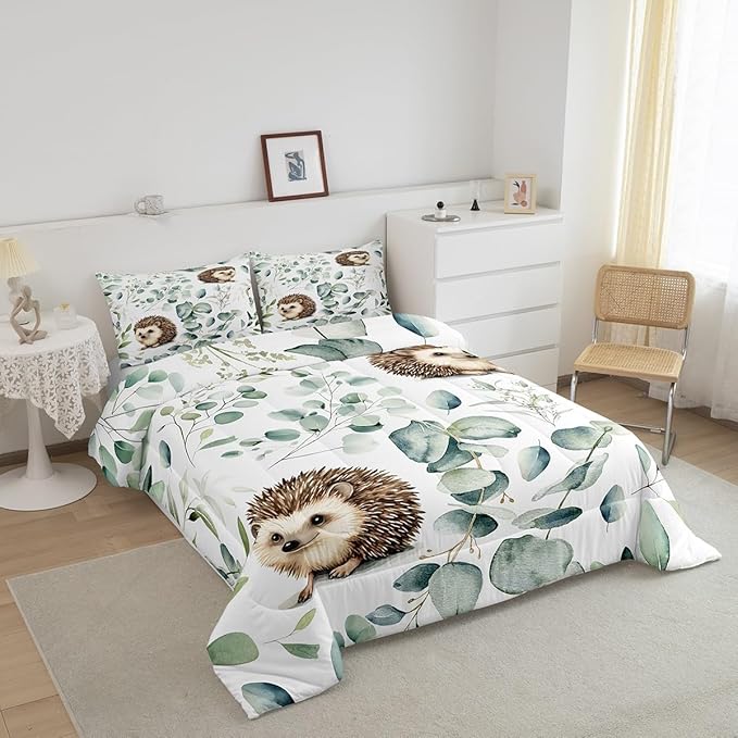 Erosebridal Cute Hedgehog Bedding King Size for Kids Child Green Eucalyptus Comforter Set King, Woodland Animal Duvet Insert Plant Leaves Quilt Set, Cartoon Wildlife Bedding Comforters & Sets