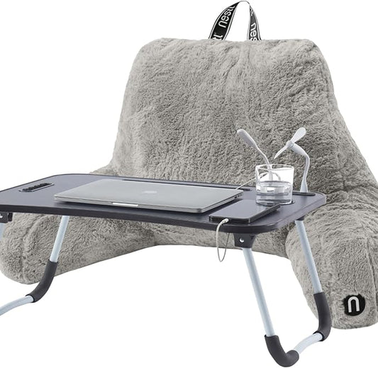 Nestl Fur Reading Pillow with Laptop Lap Desk, Stylish Back Pillow for Sitting Up, Lap Desk with Reading Pillows for Sitting in Bed Adult & Kids, Faux Fur Chair Pillow with Arms - Grey