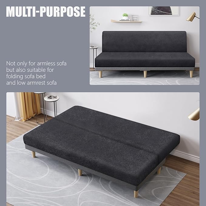 molasofa Leather Like Stretch Futon Slipcover Armless Futon Bed Sofa Cover Furniture Protector with Elastic Bottom, Soft and Washable Futon Cover for Sofa Bed Stay in Place（Medium，Dark Grey）