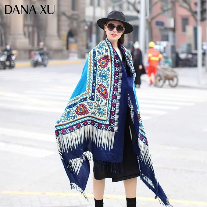 DANA XU 100% Merino Wool Pashmina Shawl for Women 96"x43", Oversized Cashmere Wrap with Tassels, Floral Travel Blanket Cape