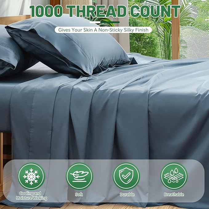Egyptian Cotton Sheets Full Size 4PCS 1000 Thread Count Sateen Weave Soft Breathable 16-Inch Deep Pocket （Full,Dusty Blue）