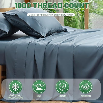 Egyptian Cotton Sheets Full Size 4PCS 1000 Thread Count Sateen Weave Soft Breathable 16-Inch Deep Pocket （Full,Dusty Blue）