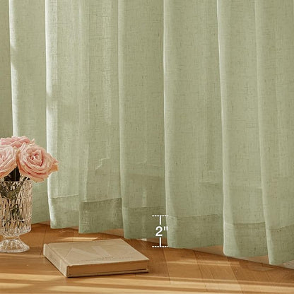 Anmao Natural Linen Curtains for Living Room 45 Inch Length 2 Panels Set, Light Filtering Semi Sheer Window Curtain Drapes for Bedroom with Curtain Rings and Clips, 52Wx45L, Sage Green