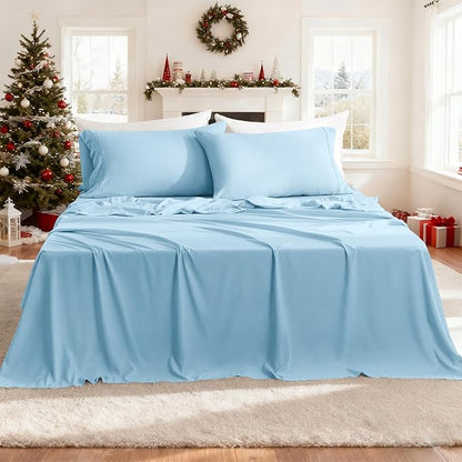 California King Sheet Set - Luxury 4 Piece Breathable Soft Sheets for King Size Bed, 16" Deep Pocket Wrinkle Free Cooling Bedding Sheet and Pillowcase Set Cal King Size, Sky Blue