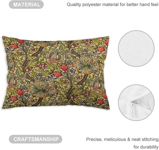 Golden Floral Flower William Morris Throw Pillow Covers 12x20 Inch Aesthetic Pillow Velvet Decorative Pillowcase Home Decor Living Room Cushion Case for Bed Sofa Couch