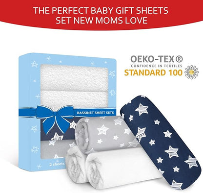 Bassinet Sheets & Waterproof Bassinet Mattress Pad Protector 4 Pack Set, Viscose Terry, Universal Fit for Oval, Hourglass and Rectangular Mattress, Grey & Navy