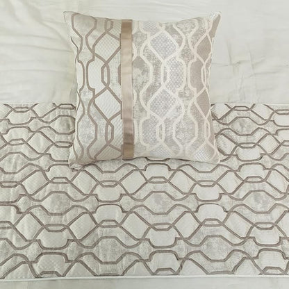 The HomeCentric King/Queen/Twin Ivory & Silver Decorative Twin 53"x18" Bed Runner with Pillow Cover, Lattice & Quilted Bed Scarf on Jacquard Silk Fabric - Ivory Delicacy