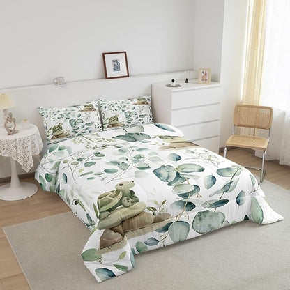Erosebridal Kawaii Turtle Bedding King Size for Boys Girls Cartoon Animal Comforter Set King, Eucalyptus Leaves Duvet Insert Marine Wildlife Quilt Set, Tropical Plants Bedding Comforters & Sets