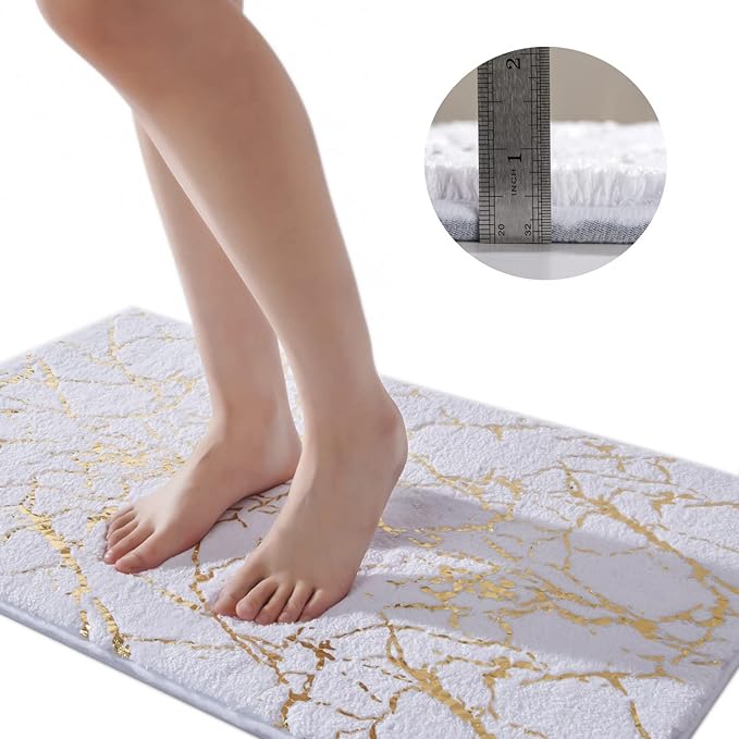 QJHOMO Marble Bathroom Runner Rug Gold Decor Long Bathroom Rugs White Bath Mat Non Slip Super Absorbent Bathmat Machine Washable Floor Carpet for Tub, Shower, Bedroom (24x48 inch)