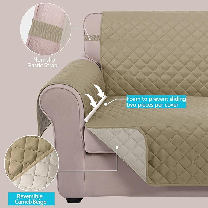 U-NICE HOME Recliner Chair Covers Reversible Chair Cover Pet Covers for Dogs with Elastic Straps Water Resistant Diamond Quilted (23''Recliner Small, Light Camel/Beige)