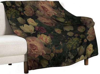Black Floral Blanket, Rustic Watercolor Botanical Rose Peony Vintage Leaves Plant Boho Gothic Print Throw Blankets for Bed Living Room Bedding Couch Soft Decor, 40"x50"