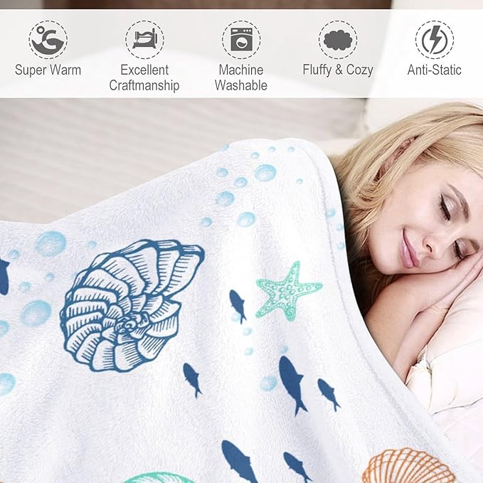 Nautical Coastal Blanket, Starfish Seashell Coral Beach Themed Drapes Ocean Orange Blue Teal Conch Print Throw Blankets for Sofa Couch Bed Room Birthday Decor, 60"x80"