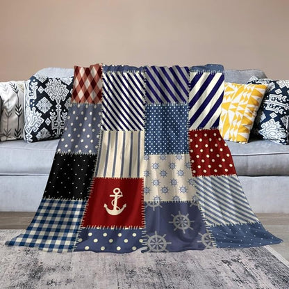 Nautical Blanket Vintage Coastal Rustic Red Blue White Polka Dot Stripe Anchor Patchwork Soft Cozy Lightweight Throw Blanket for Women Men Bedroom Living Room Dorm Chair Sofa Travel 50x60in