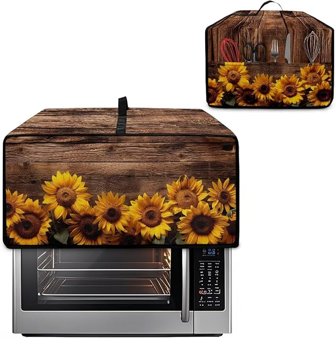 Microwave Oven Cover Vintage Sunflower Wood Grain Print Waterproof Toaster Oven Dustproof Cover Large Size Kitchen Appliance Protector with Storage Bag Machine Washable, S