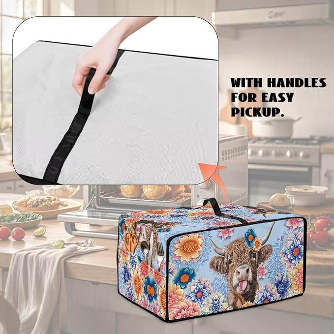 Microwave Oven Cover Heavy Duty Microwave Oven Dust Cover with Storage Pockets Dust-Proof Reusable Decor Accessories for Kitchen, Highland Cattle Boho Mandala Floral Print, M