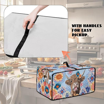 Microwave Oven Cover Heavy Duty Microwave Oven Dust Cover with Storage Pockets Dust-Proof Reusable Decor Accessories for Kitchen, Highland Cattle Boho Mandala Floral Print, M