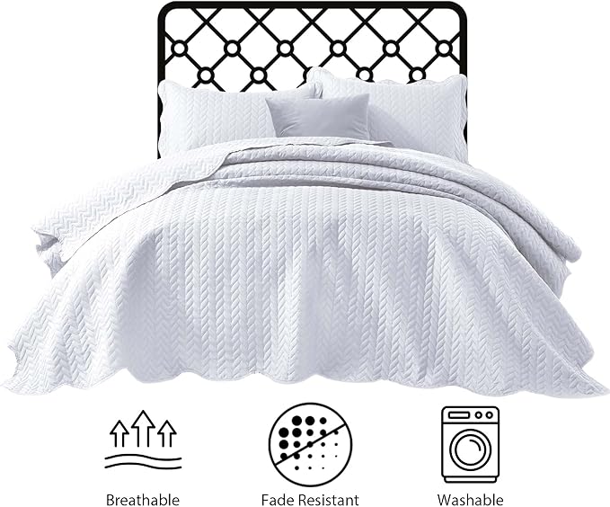 IR Imperial Rooms California King Quilt Bedding Set Size (118"x106") + 2 Pillow Shams (20" x 36"+ 2") - 3 Pcs All Season Reversible Microfiber Coverlet Embossed Quilt Bedspread (White)