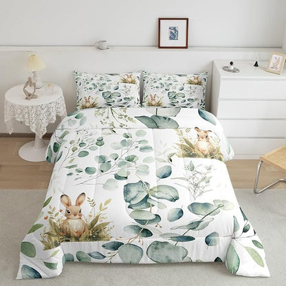 Erosebridal Girls Kawaii Animal Toddler Comforter Set Cute Rabbit Bedding Set, Cartoon Wildlife Bedding Comforter Sets Green Leaf Duvet Set, Spring Plant Quilted Comforter Child Kids Bedroom Decor