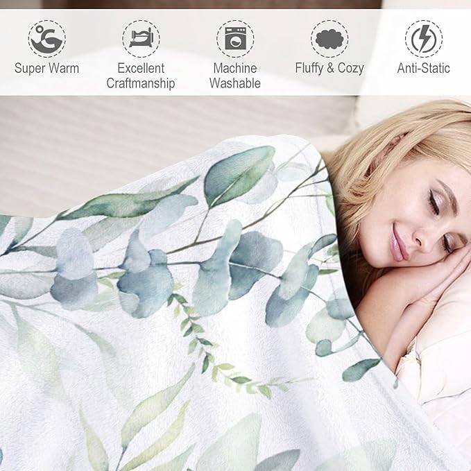 Eucalyptus Leaf Throw Blanket, Watercolor Floral Spring Botanical Green Plants Herb Print Cozy Plush Blanket for Bedroom Living Rooms Sofa Couch, 40"x50"
