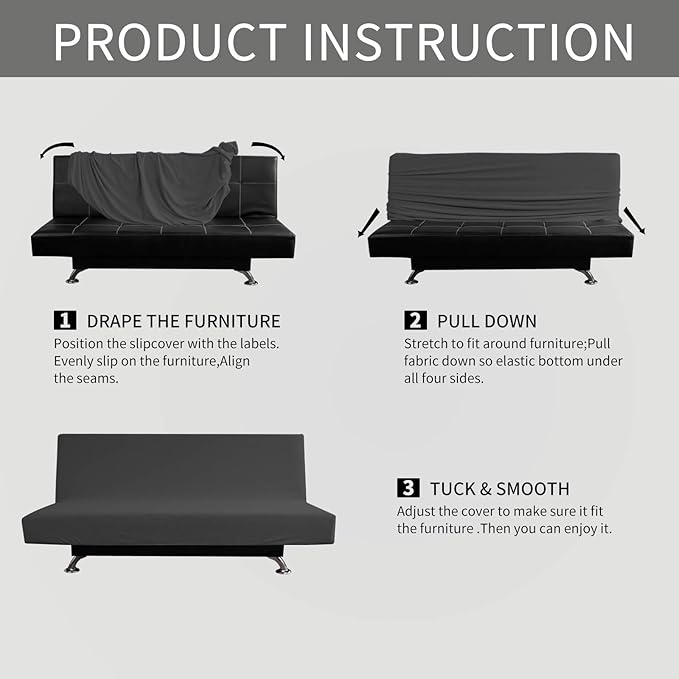 Easy-Going Stretch Futon Slipcover Armless Futon Bed Cover Furniture Protector Without Armrests with Elastic Bottom for Kids, Soft Jacquard Fabric Small Checks (Medium, Dark Gray)