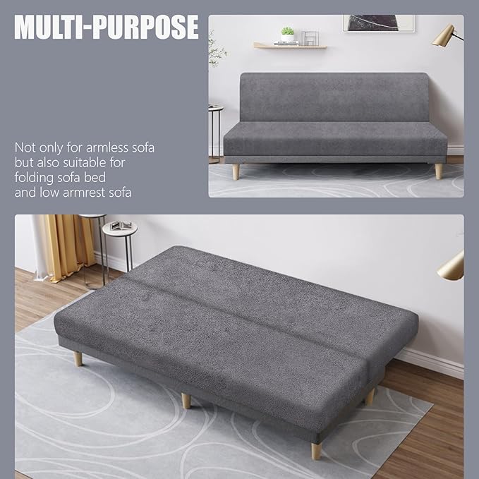 molasofa Leather Like Stretch Futon Slipcover Armless Futon Bed Sofa Cover Furniture Protector with Elastic Bottom, Soft and Washable Futon Cover for Sofa Bed Stay in Place（Medium，Light Grey）