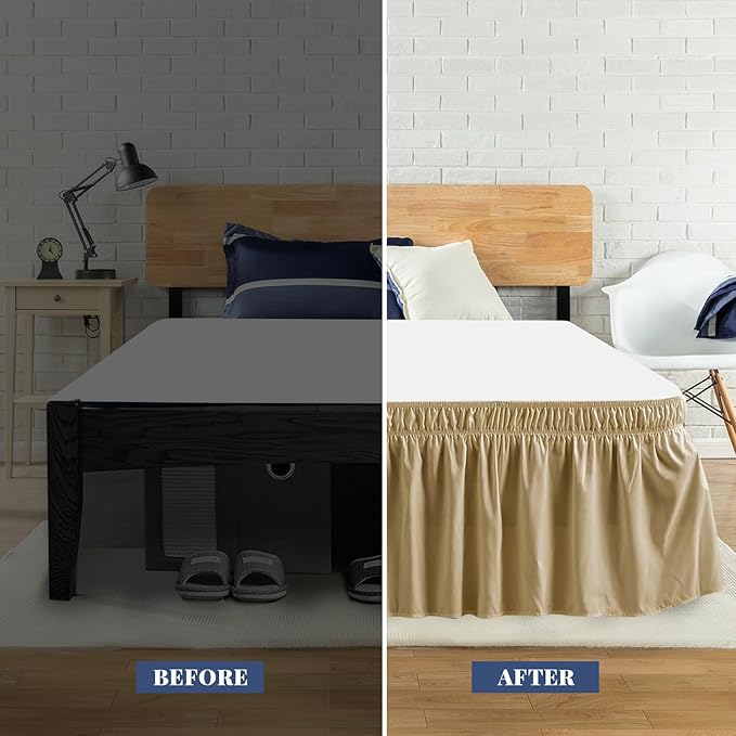 King Bed Skirt, Elastic Wrap Around Bed Skirt King Size, Bed Skirts for Adjustable Bed, Easy Fit with 18" Drop Length Tailored Drop Dust Ruffle (Beige)