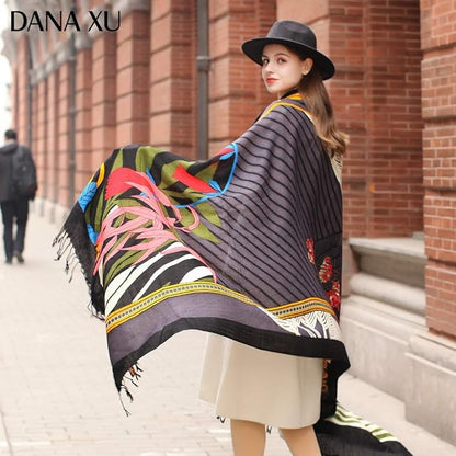 DANA XU 100% Merino Wool Extra Large Pashmina Blanket Travel Scarf Cashmere Wrap for Women Fall Winter Oversize Shawl Floral