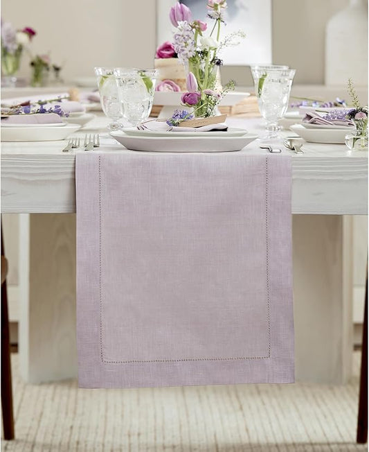 Solino Home Linen Lilac Table Runner 72 Inches Long - 100% Pure Linen Hemstitch Table Runner 14 x 72 Inch for Dresser, Dining, Christmas, New Year - Classic Hemstitch