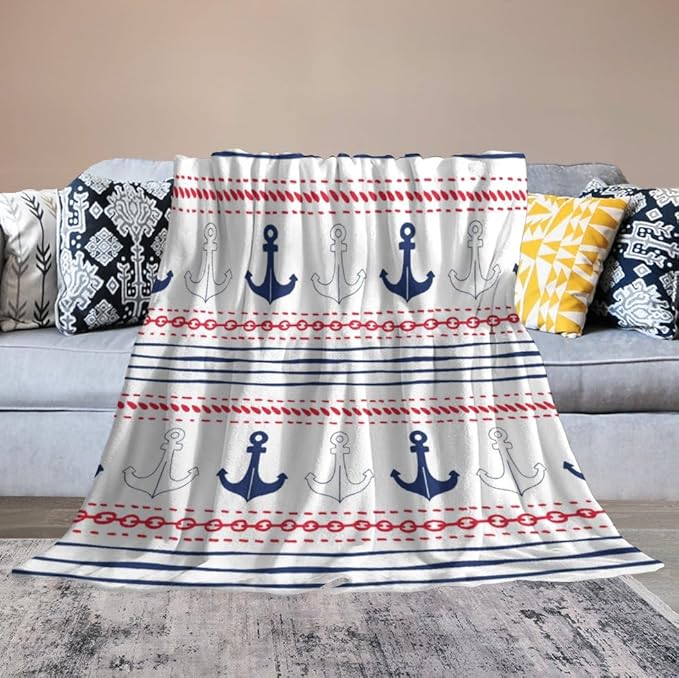 Anchor Blanket Vintage Navy Blue Red Stripe Nautical Anchor Abstract Art Printed Soft Cozy Lightweight Throw Blanket for Kids Girls Boys Women Bedroom Living Room Dorm Chair Sofa Travel 60x80in