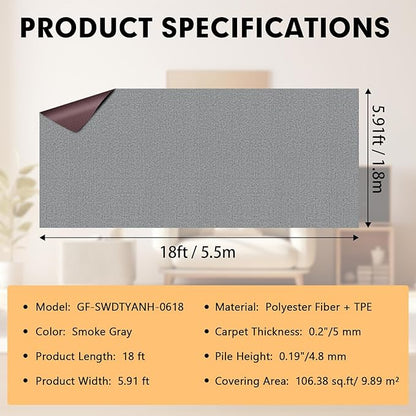 Marine Carpet,6 FT x 18 FT Smoke Gray Indoor Outdoor Carpet 0.2" Thick Boat Carpet with Water-Proof TPE Backing, Non-Slide Outdoor Marine Carpet Roll for Home, Patio, Porch, Deck