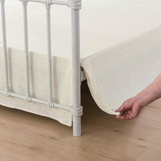 Queen Bed Skirt, Pleated Waffle Weave Bed Skirt with Split Corners, Tailored Dust Ruffle 16 Inch Drop Easy Fit, Machine Washable, Ivory, 16" Queen