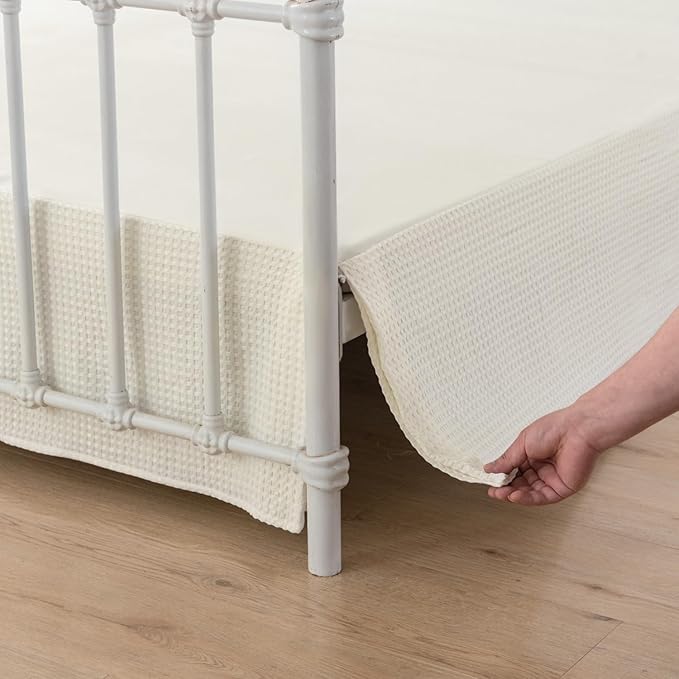 Queen Bed Skirt, Pleated Waffle Weave Bed Skirt with Split Corners, Tailored Dust Ruffle 18 Inch Drop Easy Fit, Machine Washable, Ivory, 18" Queen