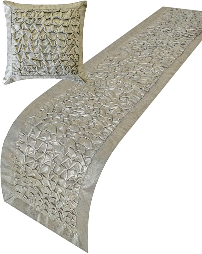 The HomeCentric King/Queen/Twin Silver Decorative Bed Runner Queen 74"x18" Bed Runner with Two Pillow Cover, Foil, Knotted,Textured Bed Scarf on Jacquard Fabric - Polished Silver