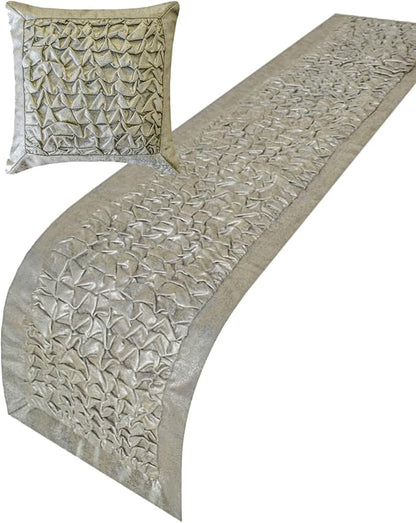The HomeCentric King/Queen/Twin Silver Decorative Bed Runner King 90"x18" Bed Runner Without Pillow Cover, Foil, Knotted,Textured Bed Scarf on Jacquard Fabric - Polished Silver