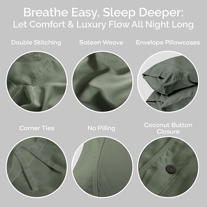 Duvet Cover Set - 100% Viscose Derived from Bamboo Duvet Cover Queen Size, 3 PC Luxury Cooling Duvet Cover for Hot Sleepers, Silky Buttery Soft Comforter Cover & 2 PC Queen Pillowcases, Moss