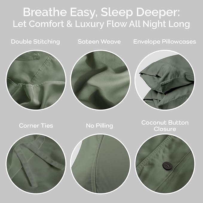 Duvet Cover Set - 100% Viscose Derived from Bamboo Duvet Cover King Size, 3 PC Luxury Cooling Duvet Cover for Hot Sleepers, Silky Buttery Soft Comforter Cover & 2 PC King Pillowcases, Moss